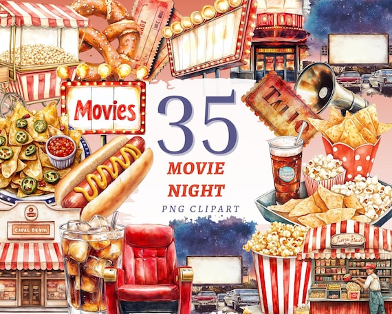 35 Movie Night Clipart Bundle, Cinema Snacks, Film Icons and Cozy Theater Elements for Crafts, Invites & Digital Projects
