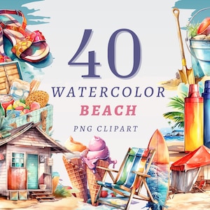 40 Watercolor Beach Clipart, High Quality Transparent PNGs, Instant Download, Commercial Use - Summer Time, Summer Bundle, Beach printable