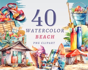 40 Watercolor Beach Clipart, High Quality Transparent PNGs, Instant Download, Commercial Use - Summer Time, Summer Bundle, Beach printable