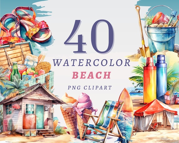 40 Watercolor Beach Clipart, High Quality Transparent PNGs, Instant Download, Commercial Use - Summer Time, Summer Bundle, Beach printable