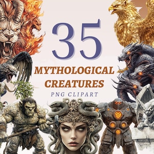 May include: Digital artwork featuring 35 mythological creatures, including a lion with a fiery mane, a golden eagle, and a Medusa-like figure. The text "Mythological Creatures PNG Clipart" is displayed in brown and white.