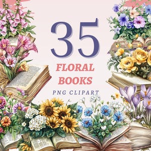 35 Floral Bücher Clipart Offenes Buch druckbare Kunst Fantasy Pflanzen Kunstwerk Bundle Scrapbook Elemente PNG wunderliche Hochzeit Illustrationen Set