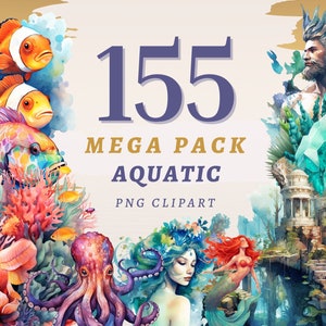 155 Aquatic Clipart Megapack, High Quality Transparent PNGs, Instant Download, Commercial Use Mermaids png Bundle, Marine Junk Journal image 1