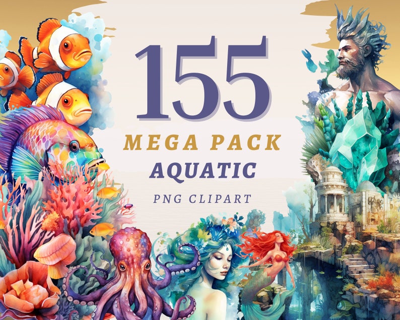 155 Aquatic Clipart Megapack, High Quality Transparent PNGs, Instant Download, Commercial Use Mermaids png Bundle, Marine Junk Journal image 1