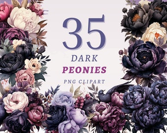 35 Dark Peonies Clipart, High Quality Transparent PNGs, Instant Download, Commercial Use - Gothic Floral Printable, Peony png Graphic Bundle