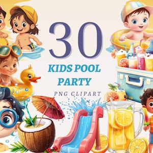 30 Clipart per feste in piscina per bambini Estate PNG Compleanno Divertimento Stampa Ragazza e ragazzo Attività in acqua Decorazione Immagine Uso commerciale gratuito Set grafico trasparente