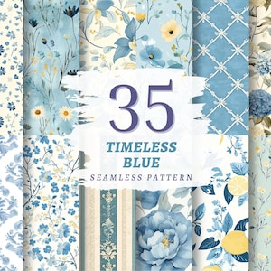 Könnte beinhalten: Eine Sammlung von 35 nahtlosen Mustern in verschiedenen Blautönen mit floralen und botanischen Designs. Die Muster zeigen Gänseblümchen, Hortensien und andere Blumen, mit dem Text "Timeless Blue" und der Zahl "35" in der Mitte.