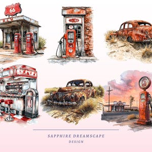 Puede incluir: Ilustraciones en acuarela de escenas americanas vintage. Incluye una gasolinera de la Ruta 66, un restaurante con taburetes rojos, un coche oxidado y una bomba de gasolina vintage. La obra de arte tiene un ambiente retro y nost&aacute;lgico.