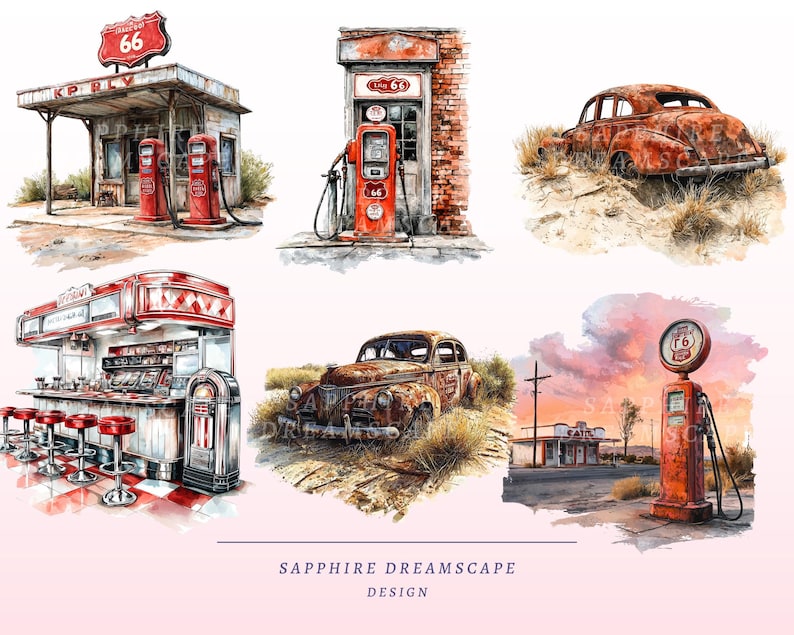Puede incluir: Ilustraciones en acuarela de escenas americanas vintage. Incluye una gasolinera de la Ruta 66, un restaurante con taburetes rojos, un coche oxidado y una bomba de gasolina vintage. La obra de arte tiene un ambiente retro y nost&aacute;lgico.