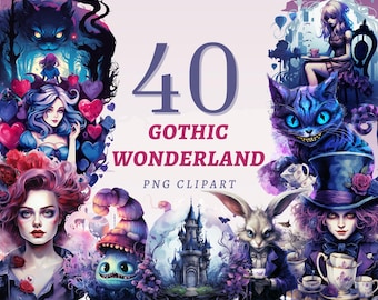 Könnte beinhalten: Digitale Kunst mit einem gotischen Wunderland-Thema. Das Bild enthält Illustrationen von Charakteren und Szenen, die von Alice im Wunderland inspiriert sind, mit einer dunklen und fantastischen Ästhetik. Der Text lautet "40 GOTHIC WONDERLAND PNG CLIPART."