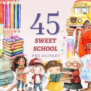 45 Clipart Escolar Doce, PNGs Transparentes de Alta Qualidade, Download Instantâneo, Uso Comercial - Pacote Gráfico de Aprendizagem, Ilustrações de Sala de Aula