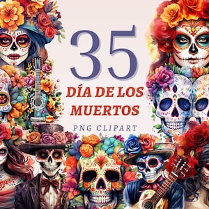 35 Dia de Los Muertos Clipart, hochwertige transparente PNGs, sofortiger Download, kommerzielle Nutzung - mexikanisches Halloween-Design-Set, Sugar Skulls