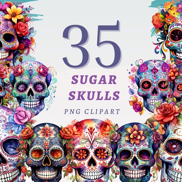 35 Sugar Skulls Clipart, High Quality Transparent PNGs, Instant Download, Commercial Use - Mexican Skull png bundle, Catrina makeup prints