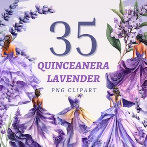 35 Clipart de lavanda para quinceañera, diseños de quince años, arte de cumpleaños para niña, acuarela, flores moradas, ilustración, paquete de gráficos para fiesta de dulces 15