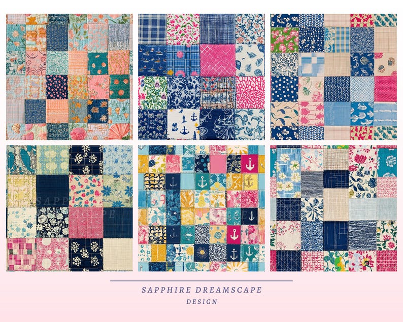 May include: Six patchwork quilt squares with various fabric patterns. The fabrics feature floral, nautical, and geometric designs in shades of blue, pink, and white. The text "SAPPHIRE DREAMSCAPE DESIGN" is at the bottom.