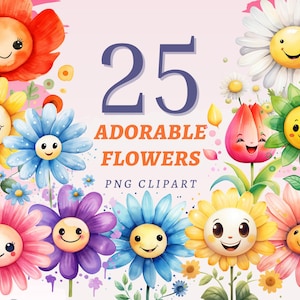 25 adorables imágenes prediseñadas de flores, PNG transparentes de alta calidad, descarga instantánea, uso comercial - Impresiones de margaritas felices, paquete de arte de flores sonrientes