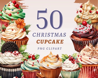 50 Christmas Cupcake Clipart, High Quality Transparent PNGs, Instant Download, Commercial Use - Xmas Sweets png, Festive cake clipart bundle