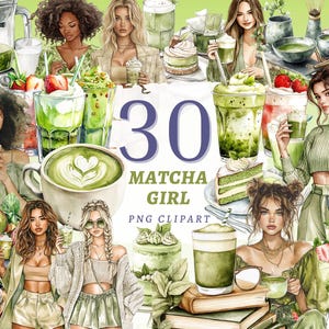Könnte beinhalten: Eine digitale Illustration mit dem Text "30 Matcha Girl PNG Clipart". Das Bild zeigt verschiedene Matcha-Getränke, Desserts und Frauen. Die Farbpalette umfasst Grün-, Weiß- und Brauntöne und schafft eine kohärente und einladende Ästhetik.