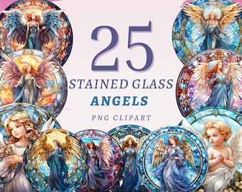 25 Stained Glass Angels Clipart, High Quality Transparent PNGs, Instant Download, Commercial Use - Divine Being printables, Religious Art