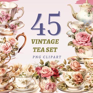 45 Clipart di set da tè vintage, PNG trasparenti di alta qualità, download immediato, uso commerciale - Tea Time png, tazza da teiera con fiori ad acquerello