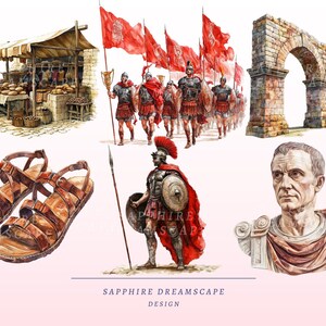 K&ouml;nnte beinhalten: Aquarellillustrationen antiker r&ouml;mischer Szenen. Enth&auml;lt einen Marktstand, r&ouml;mische Soldaten mit roten Fahnen, einen Steinbogen, braune Ledersandalen, einen r&ouml;mischen Soldaten mit einem Speer und eine B&uuml;ste eines r&ouml;mischen F&uuml;hrers. Text "SAPPHIRE DREAMSCAPE DESIGN".
