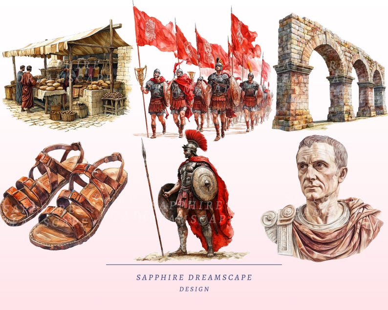 K&ouml;nnte beinhalten: Aquarellillustrationen antiker r&ouml;mischer Szenen. Enth&auml;lt einen Marktstand, r&ouml;mische Soldaten mit roten Fahnen, einen Steinbogen, braune Ledersandalen, einen r&ouml;mischen Soldaten mit einem Speer und eine B&uuml;ste eines r&ouml;mischen F&uuml;hrers. Text "SAPPHIRE DREAMSCAPE DESIGN".