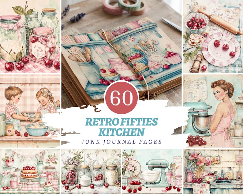 Retro Kitchen Fifties Junk Journal Pages, Vintage Recipe Printable Kit ...