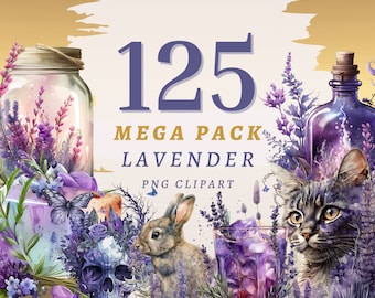 Megapack de 125 imágenes prediseñadas de lavanda, PNG transparentes de alta calidad, descarga instantánea, uso comercial - Flores moradas PNG, gráficos florales para bodas