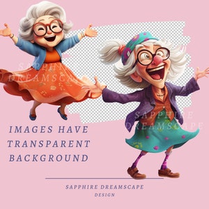 May include: Two cartoon images of an elderly woman with white hair, glasses, and a joyful expression. She wears colourful outfits, including a blue jacket, orange dress, and a purple jacket with a teal skirt. The text "IMAGES HAVE TRANSPARENT BACKGROUND" is visible.