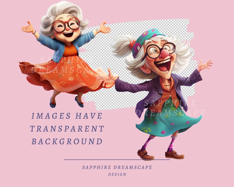 May include: Two cartoon images of an elderly woman with white hair, glasses, and a joyful expression. She wears colourful outfits, including a blue jacket, orange dress, and a purple jacket with a teal skirt. The text "IMAGES HAVE TRANSPARENT BACKGROUND" is visible.