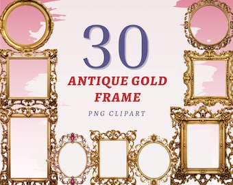 Könnte beinhalten: Ein Set mit 30 antiken goldenen Bilderrahmen in verschiedenen Formen und Größen. Die Rahmen sind verziert und haben einen Vintage-Look.  30 ANTIKE GOLDENE RAHMEN PNG CLIPART