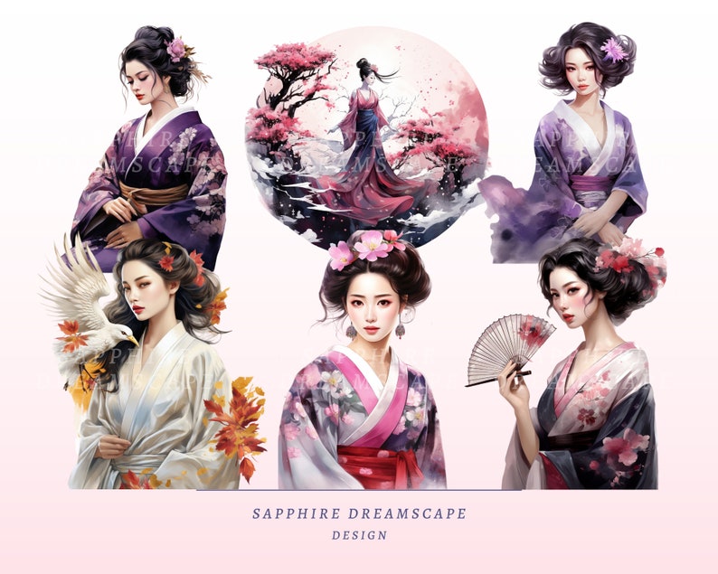 35 Watercolor Geisha Clipart, High Quality Transparent PNGs, Instant Download, Commercial Use - Japanese Fashion png bundle, Asian Art Print image 8