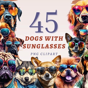 45 Hunde mit Sonnenbrille Clipart, hochwertige transparente PNGs, sofortiger Download, kommerzielle Nutzung - Hund mit Stil druckbar, lustige Haustiere Bundle