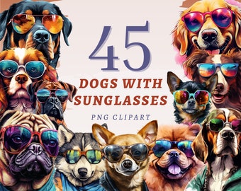 45 Dogs with Sunglasses Clipart, High Quality Transparent PNGs, Instant Download, Commercial Use - Dog with Style Printable, Fun Pets Bundle