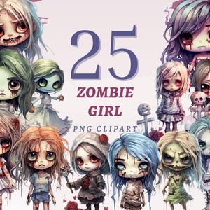 25 Zombie Girl Clipart, hochwertige transparente PNGs, Instant Download, kommerzielle Nutzung -Chibi Girls Design, Gothic Dolls Illustrationen