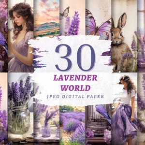 Papier cyfrowy Lavender World, fioletowe dekoracje kwiatowe, wysokiej jakości pliki JPG, natychmiastowe pobieranie, zastosowanie komercyjne, przytulne kwiaty do druku