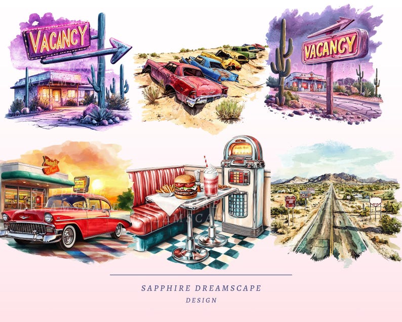 30 imágenes prediseñadas de la Ruta 66 en acuarela, PNG transparentes de alta calidad, descarga instantánea, uso comercial - Imágenes de paisajes de EE. UU., diseño de carretera clásica imagen 9