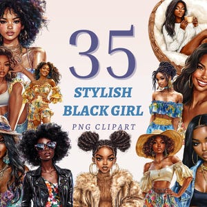 35 stylowych czarnych dziewczynek, wysokiej jakości przezroczyste pliki PNG, natychmiastowe pobieranie, komercyjne wykorzystanie - ilustracja kobiet mody, wystrój różnorodności