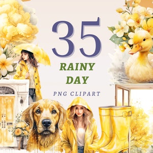 35 cliparts jour de pluie, PNG transparents de haute qualité, téléchargement immédiat, usage commercial - modèles d'imperméable jaune, illustrations tempête et pluie