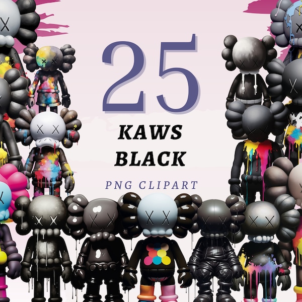 25 Kaws Black Clipart, PNG transparentes de alta calidad con descarga instantánea, uso comercial - Arte pop moderno, impresiones complementarias contemporáneas