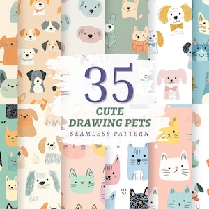 Pode incluir: Uma coleção de 35 padrões sem costura com gatos e cães ilustrados em várias cores e estilos. O texto central diz 35 CUTE DRAWING PETS SEAMLESS PATTERN. Os designs incluem diversos rostos de animais de estimação e desenhos de corpo inteiro.