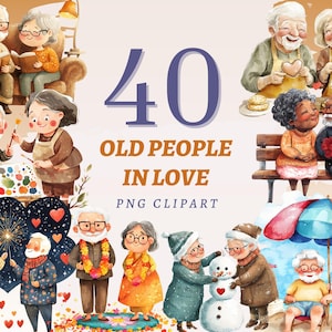 40 pessoas idosas apaixonadas clipart, PNGs transparentes de alta qualidade, download instantâneo, uso comercial - casal de idosos fofos, avós namorados