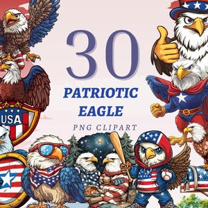 30 Clipart de Águia Patriótica EUA Desenho Animado Águia 4 de Julho Arte Digital Dia da Independência Bandeira Americana Pássaro PNG Vermelho Branco Azul Conjunto Gráfico