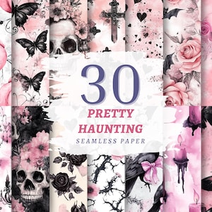 May include: A collection of 30 "Pretty Haunting" seamless paper designs. The designs feature a mix of pink and black watercolor illustrations, including skulls, butterflies, roses, and pumpkins. The text "30 Pretty Haunting Seamless Paper" is displayed.