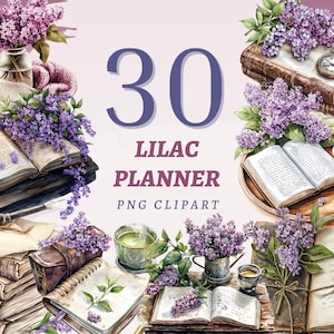 30 imágenes prediseñadas de planificador de color lila, PNG transparentes de alta calidad, descarga instantánea, uso comercial: diseños florales morados, imprimibles de diario boho