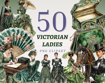 May include: Digital clipart set featuring 50 Victorian ladies in various poses and attire. The images showcase women in elegant green dresses, holding fans, and accessories. The text "50 Victorian Ladies PNG Clipart" is also visible.