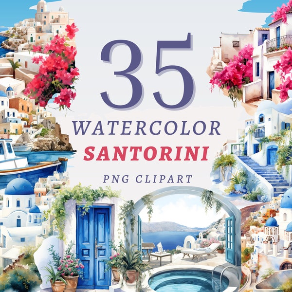 35 Watercolor Santorini Clipart, High Quality Transparent PNGs, Instant Download, Commercial Use - Greek Islands png bundle, Travel Journal