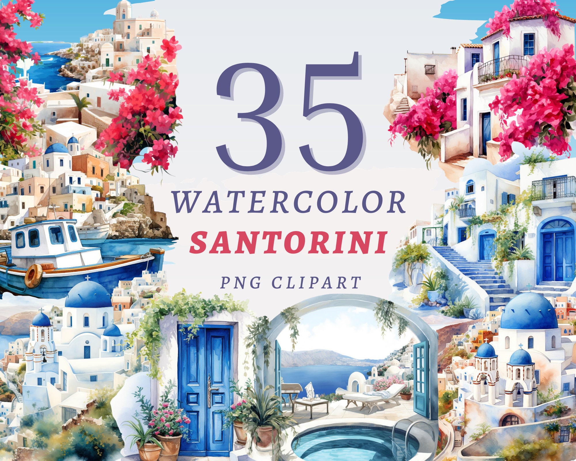 35 Watercolor Santorini Clipart, High Quality Transparent PNGs, Instant Download, Commercial Use - Greek Islands png bundle, Travel Journal