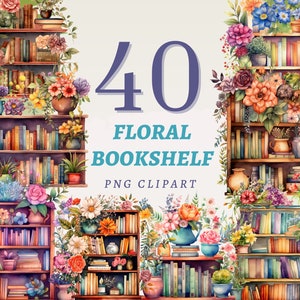 40 Blumen Bücherregal Clipart, hochwertige transparente PNGs, sofortiger Download, kommerzielle Nutzung - bunte Bücher Illustration, Bücher Kunst Bundle