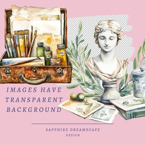 Puede incluir: Ilustraci&oacute;n en acuarela con una maleta vintage llena de materiales de arte, incluyendo pinceles y botes de pintura. Tambi&eacute;n hay un busto cl&aacute;sico, ramas de olivo y un tarro azul y blanco. El texto "IMAGES HAVE TRANSPARENT BACKGROUND" es visible.
